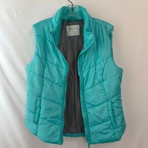 Aeropostale Sz L Turq Nylon Puffer Vest Pockets zip Front Flaw: Small Ink Stain
